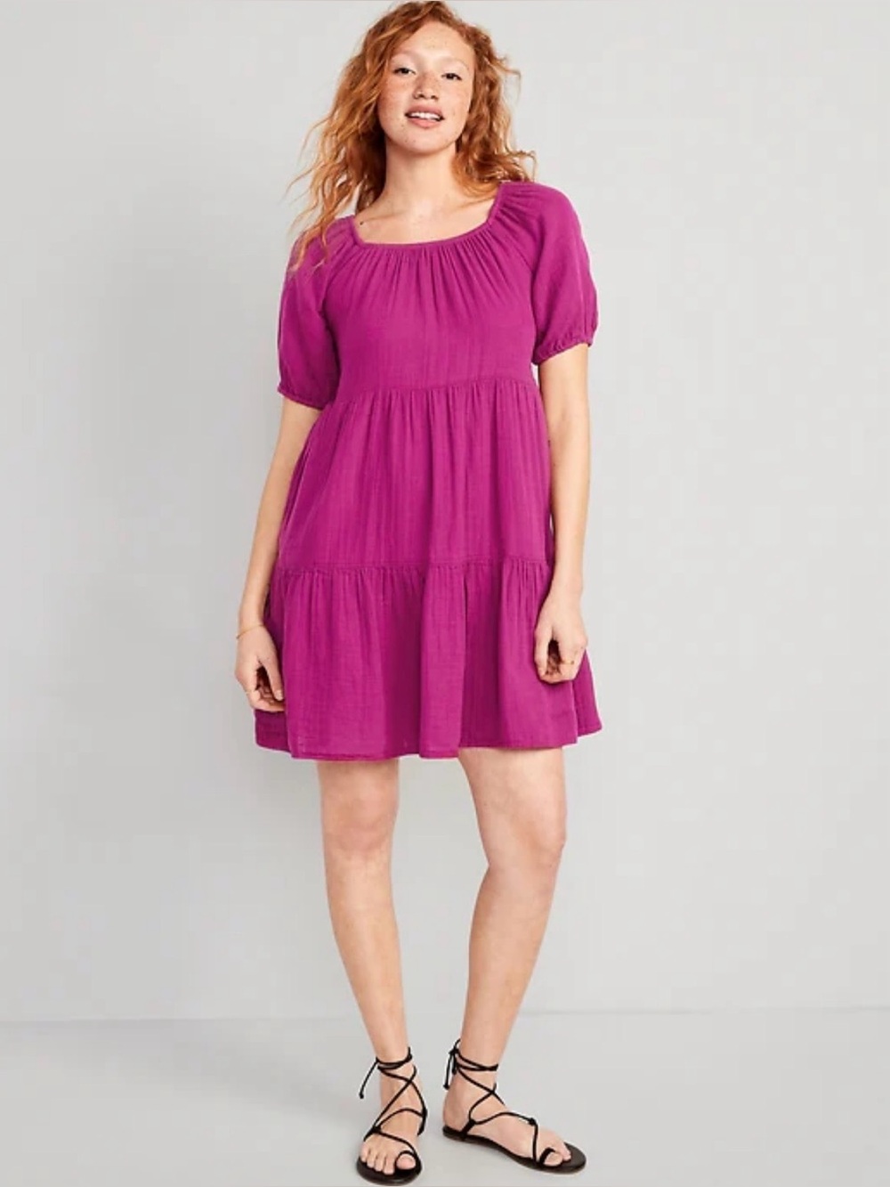 Old Navy Cotton Magenta Tiered Puff Sleeve Peasant Boho Swing Dress Size M